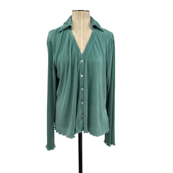 Anthropologie Dolan Lettuce-Hem Buttondown Top Pleated Flare Sleeve Blue Large - Picture 2 of 10